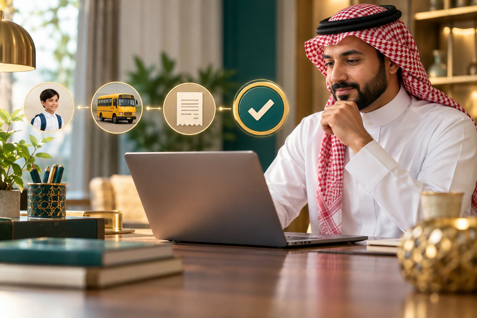 ولي أمر يطابق فاتورة نقل مدرسي مع طلب الطالب قبل الدفع بصورة رمزية