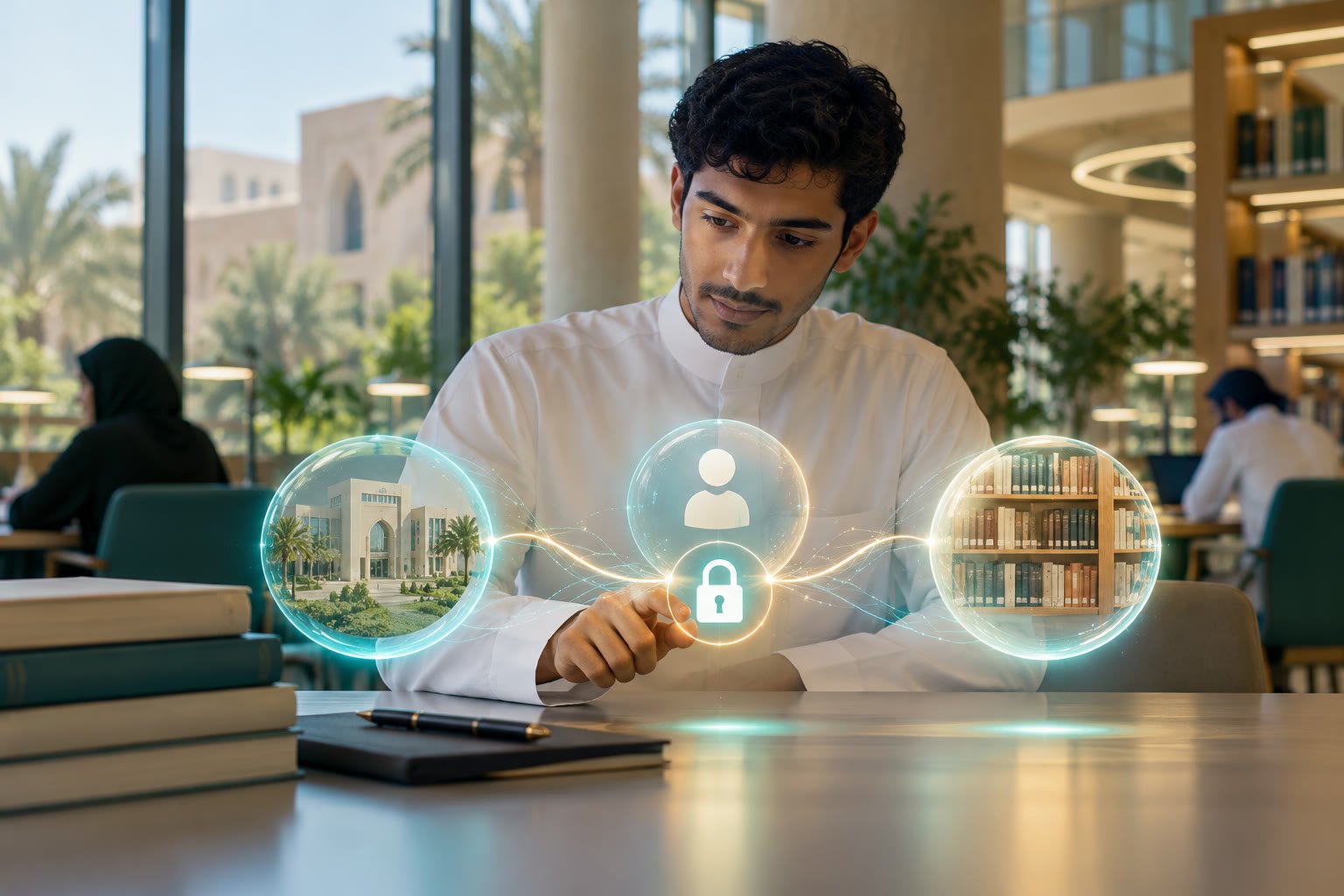 طالب جامعي سعودي يتحقق من ارتباطه بجهة أكاديمية قبل دخول مكتبة رقمية