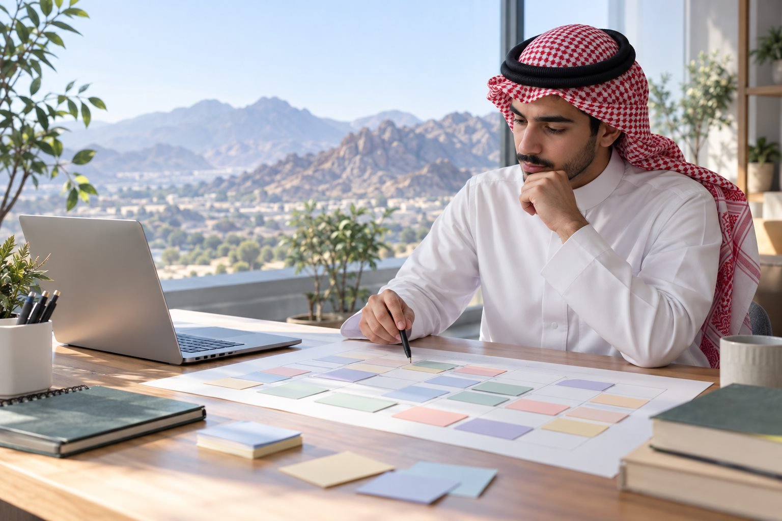 طالب سعودي يتابع جدوله وخطته الدراسية في بيئة جامعية بالطائف