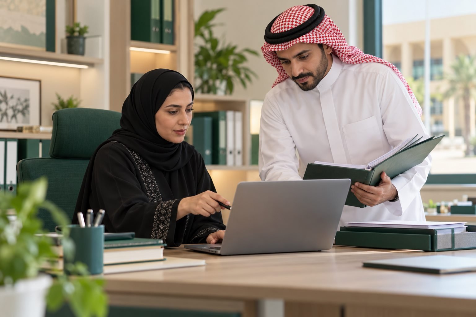 مدير مدرسة سعودي يراجع بيانات تسجيل مدرسة عامة على حاسوب