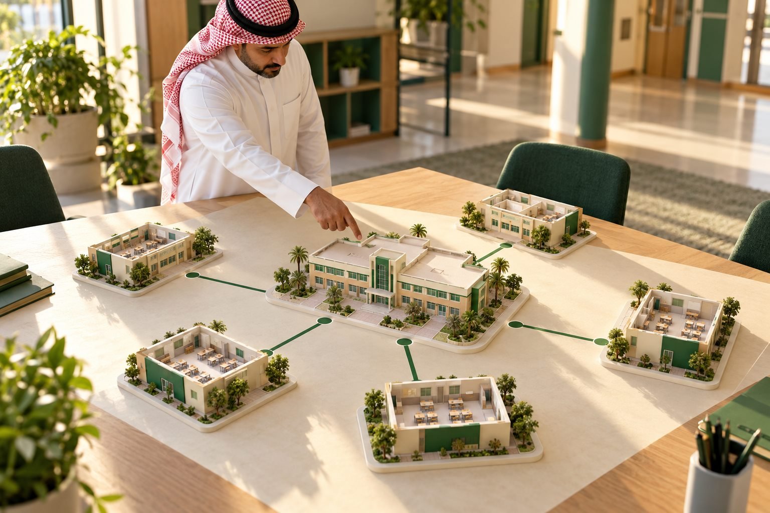 مجمع مدارس سعودي رمزي يوضح المدرسة الأساسية والفروع التابعة دون شعارات