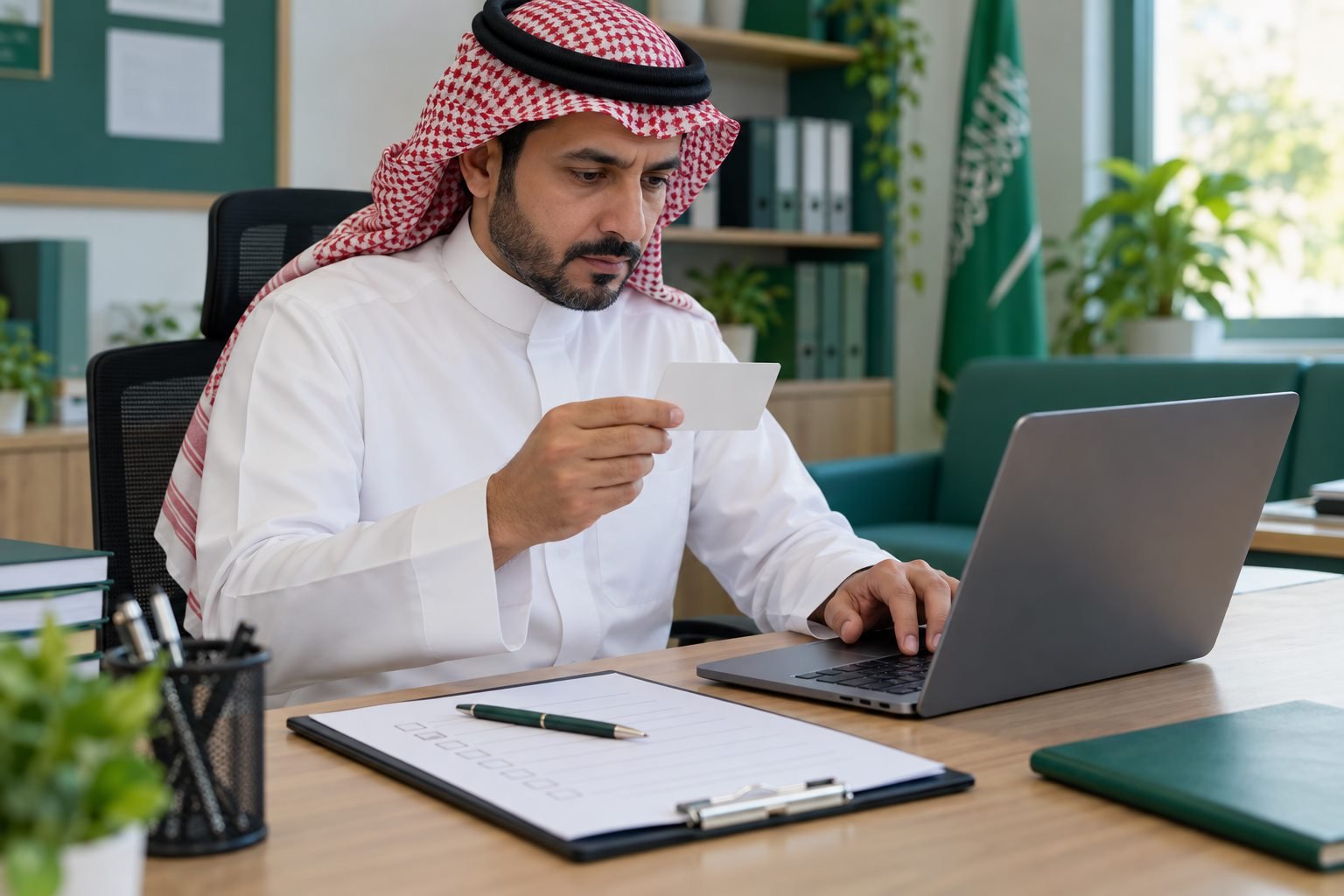 مسؤول مدرسة سعودي يتحقق من رقم مدرسة رمزي قبل إدخاله في نموذج عام
