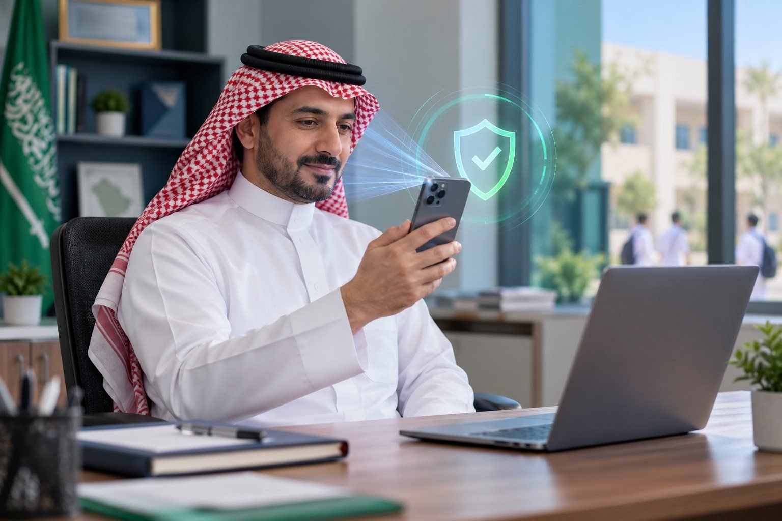 مدير مدرسة سعودي يؤكد هوية رقمية آمنة على هاتف بجوار حاسوب