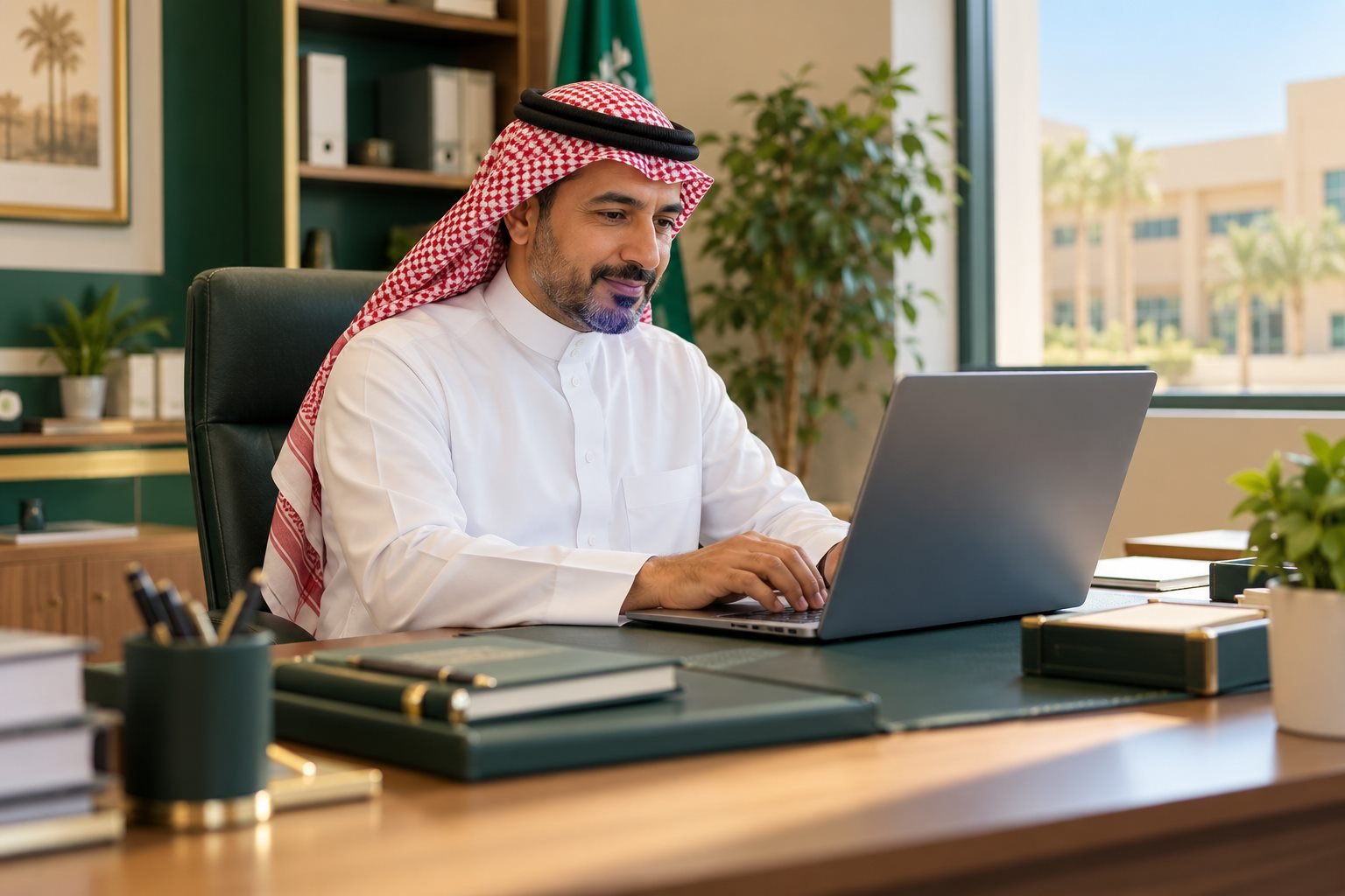 مدير مدرسة سعودي يدخل إلى منصة تقييم تعليمية عامة من حاسوب مكتبي
