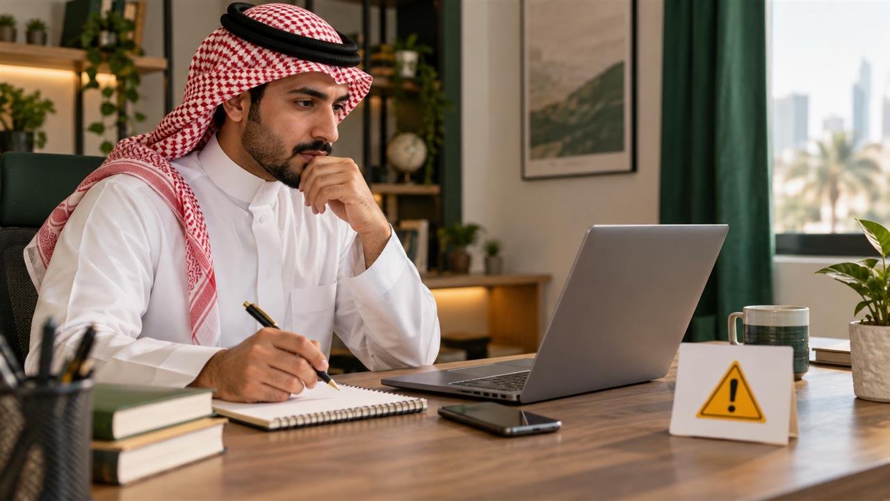 مستخدم سعودي يراجع مشكلة تقنية في حساب تعليمي قبل طلب الدعم ضمن دليل الإبلاغ عن مشكلة أمنية في حساب مدرستي