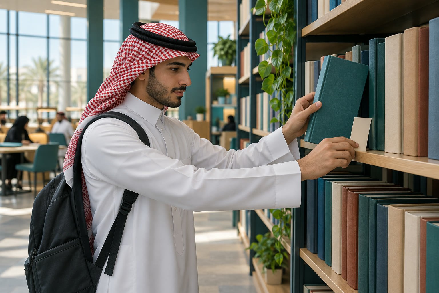 طالب جامعي سعودي يحجز كتابًا من رف مكتبة جامعية باستخدام رمز إعارة مجرد