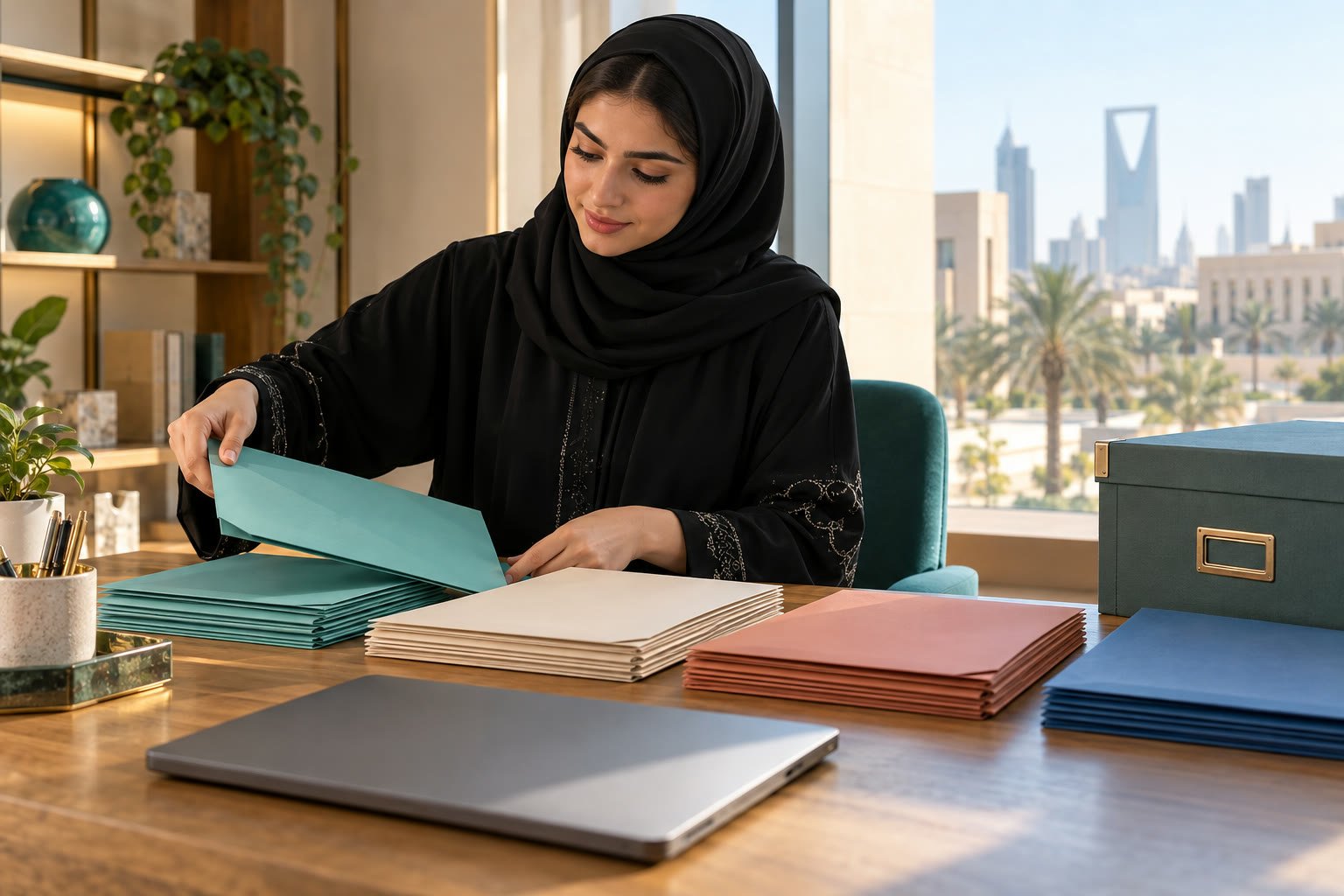 طالبة سعودية ترتب أنواع مستندات جامعية رقمية رمزية للتنزيل الآمن
