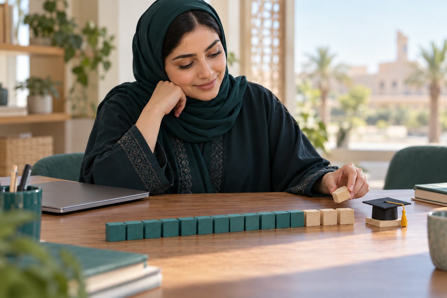 طالبة جامعية سعودية تطابق خطة دراسية رمزية مع مقررات وساعات متبقية