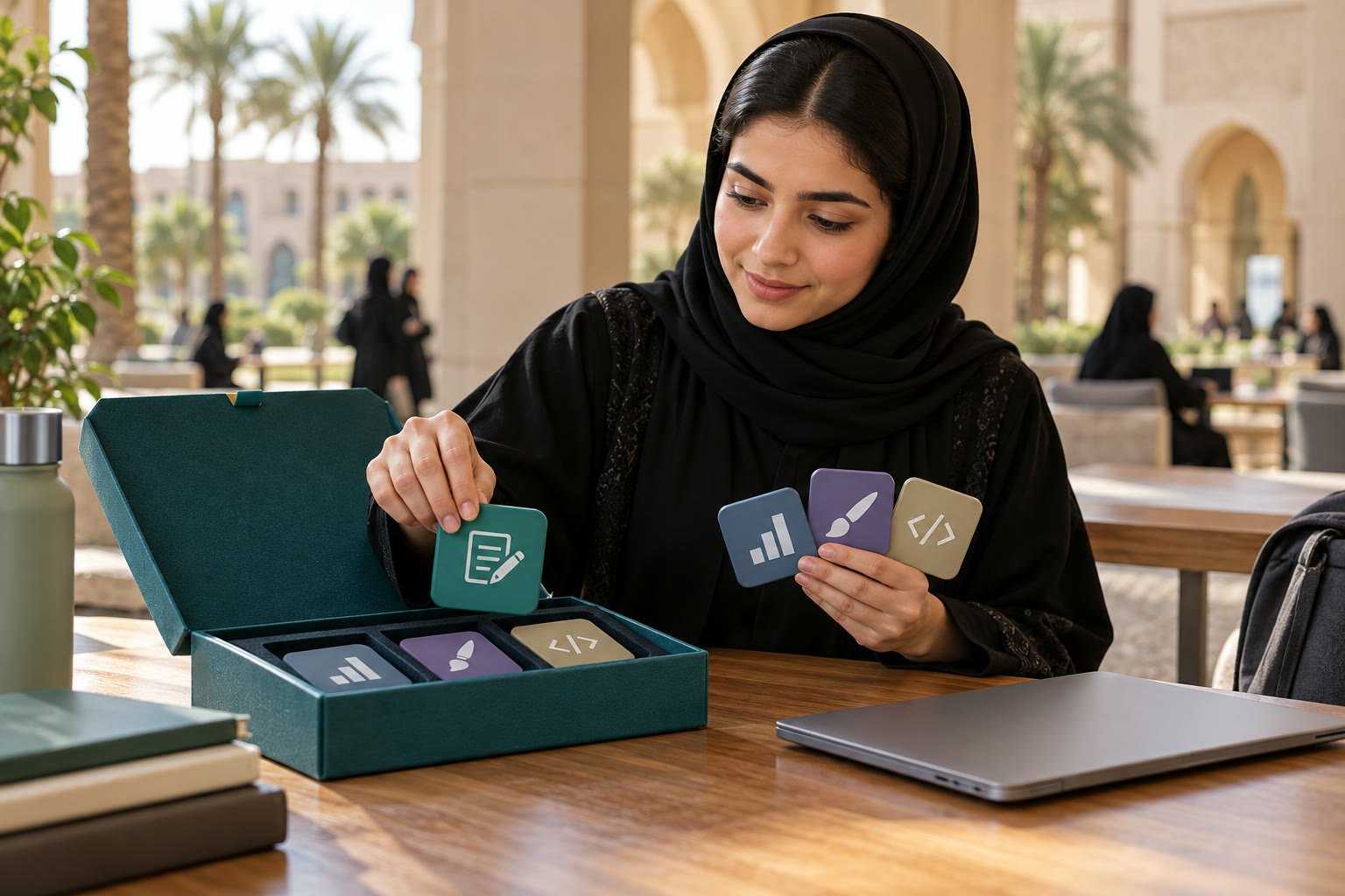 طالبة جامعية سعودية تختار أدوات برمجية تعليمية رمزية من حقيبة رقمية مجردة