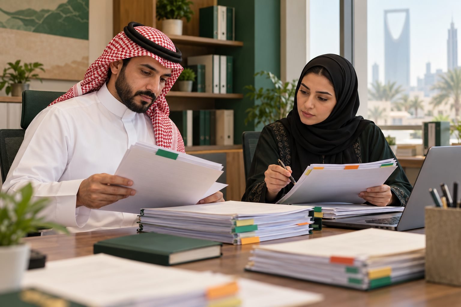 فريق إداري سعودي يراجع ملف منشأة تدريب قبل اعتماده داخليًا