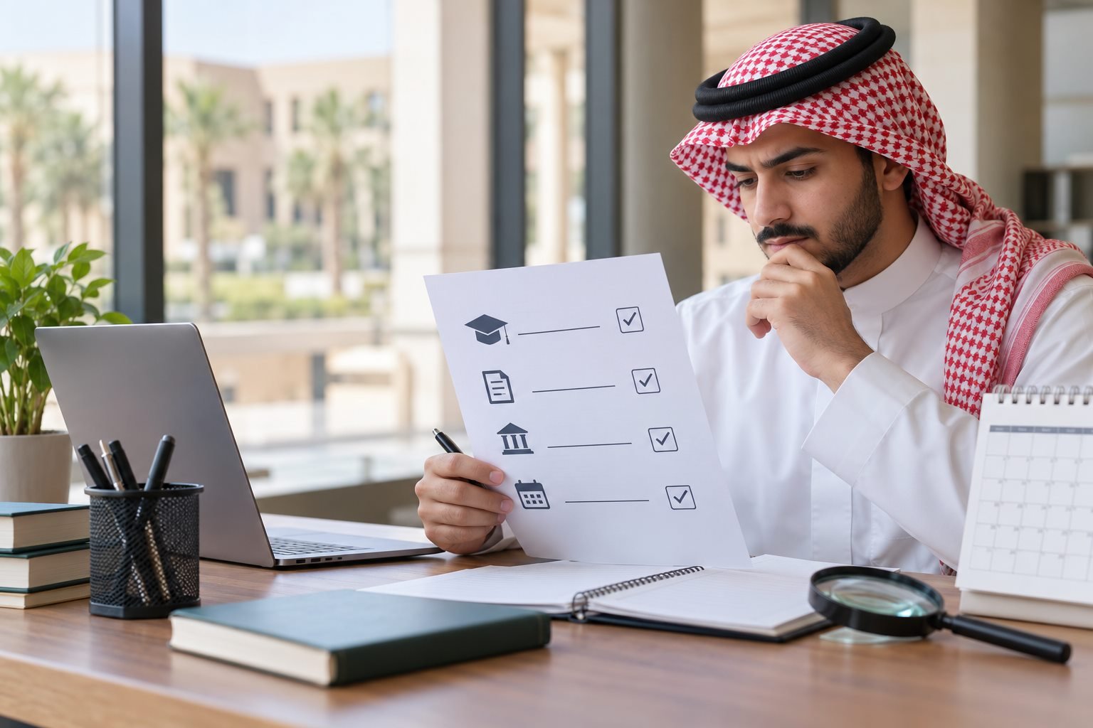 طالب سعودي يراجع بيانات جامعة وبرنامج وتواريخ في قائمة تحقق عامة